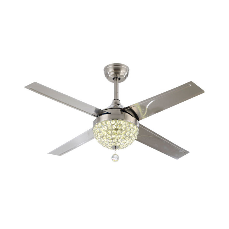 Clear Crystal Encrusted Nickel Semi Flush Bowl LED Contemporary Hanging Fan Light with 4 Blades, 52" Wide