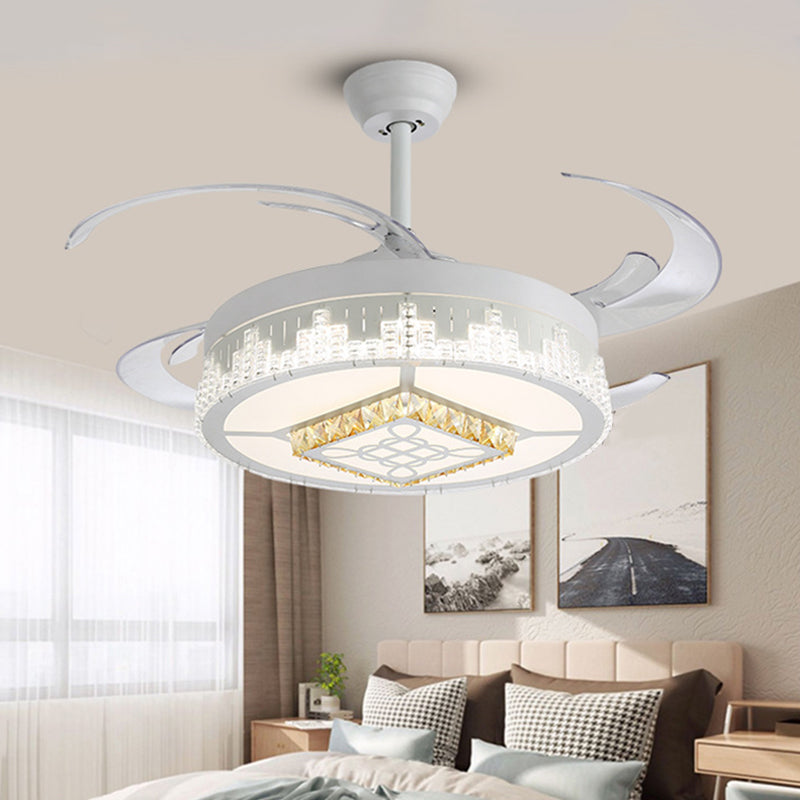 Crystal Blocks White Semi Mount Light Round Modern 4 Blades LED Ceiling Fan Lamp with Flower/Snowflake/Chinese Knot Pattern, 19" Wide