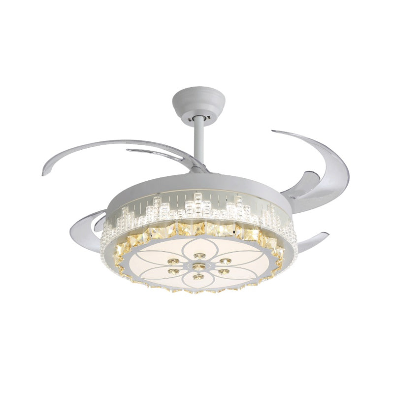 4 Blades LED Pendant Fan Lamp Contemporary Circular Clear Crystal Blocks Semi Flush Mount, 19" Width