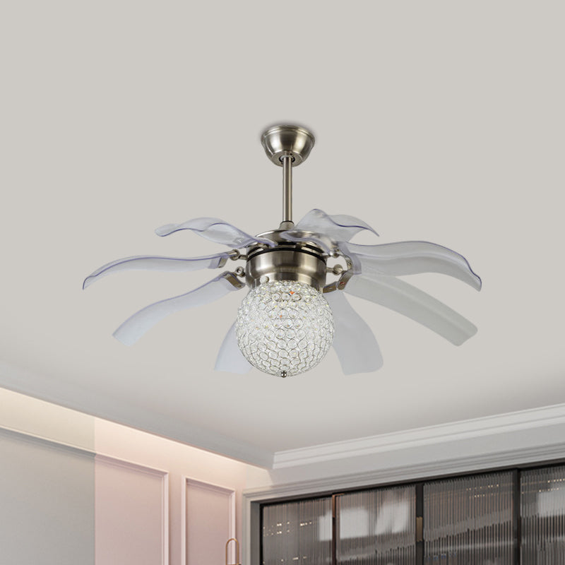 Witte bol semi -spoel moderne heldere kristallen ballen ingebed salon led hangende ventilatorlicht met 8 messen, 42 "breed