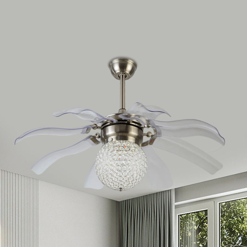 White Sphere Semi Flush Modern Clear Crystal Balls Embedded Parlor LED Hanging Fan Light with 8 Blades, 42" Wide