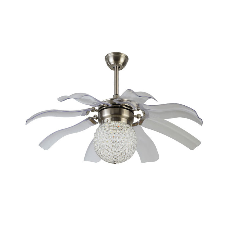 White Sphere Semi Flush Modern Clear Crystal Balls Embedded Parlor LED Hanging Fan Light with 8 Blades, 42" Wide