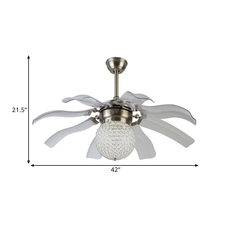 White Sphere Semi Flush Modern Clear Crystal Balls Embedded Parlor LED Hanging Fan Light with 8 Blades, 42" Wide