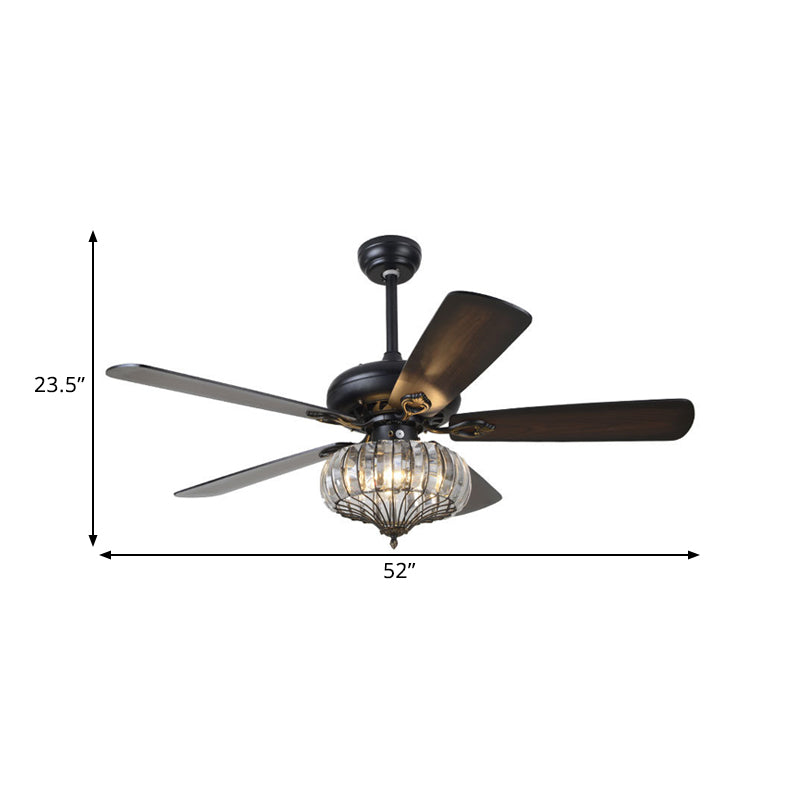 4 Blades LED Lantern Ceiling Fan Lamp Modern Iron Clear Crystal Semi Flush Light, 52" Width