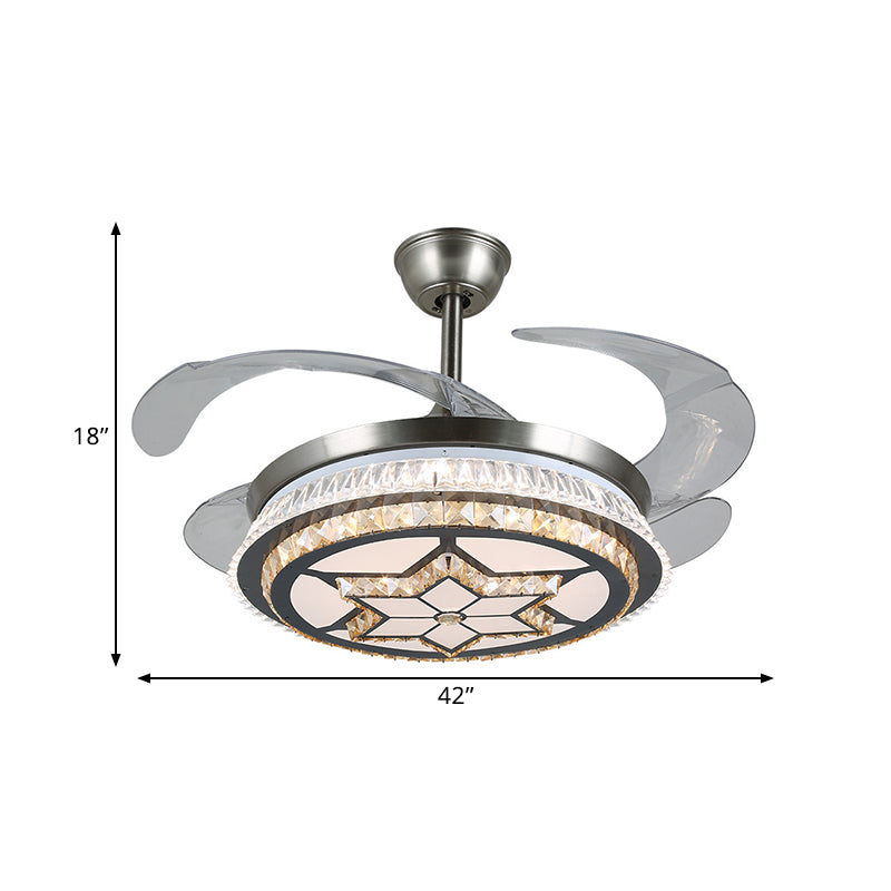 19 "Breedte LED Semi Flush Mount Contemporary Round Round Round Clear Crystal Blocks 4 Blades Hanglamp ventilatorlamp in roestvrijstalen met rhombus/zespuntig sterrenpatroon