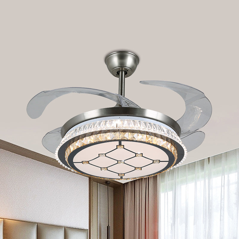 19 "Breedte LED Semi Flush Mount Contemporary Round Round Round Clear Crystal Blocks 4 Blades Hanglamp ventilatorlamp in roestvrijstalen met rhombus/zespuntig sterrenpatroon