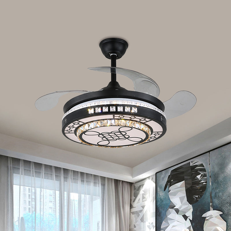 4 Blades LED Round Semi Flush Modern Black Finish Clear Square Crystals Hangende ventilatorlicht, met Chinese knoop/bloem/half cirkelvormig patroon, 19 breed