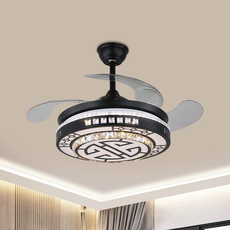 4 Blades LED Round Semi Flush Modern Black Finish Clear Square Crystals Hangende ventilatorlicht, met Chinese knoop/bloem/half cirkelvormig patroon, 19 breed