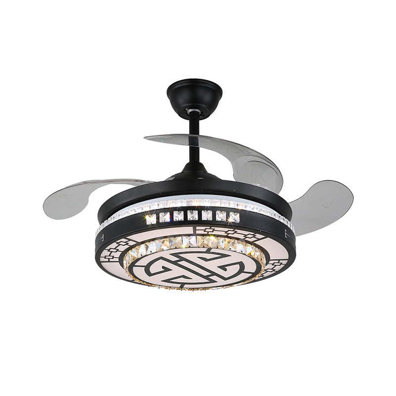 4 Blades LED Round Semi Flush Modern Black Finish Clear Square Crystals Hangende ventilatorlicht, met Chinese knoop/bloem/half cirkelvormig patroon, 19 breed