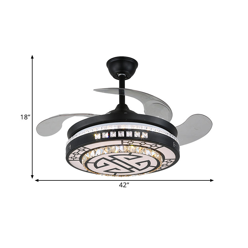 4 Blades LED Round Semi Flush Modern Black Finish Clear Square Crystals Hangende ventilatorlicht, met Chinese knoop/bloem/half cirkelvormig patroon, 19 breed