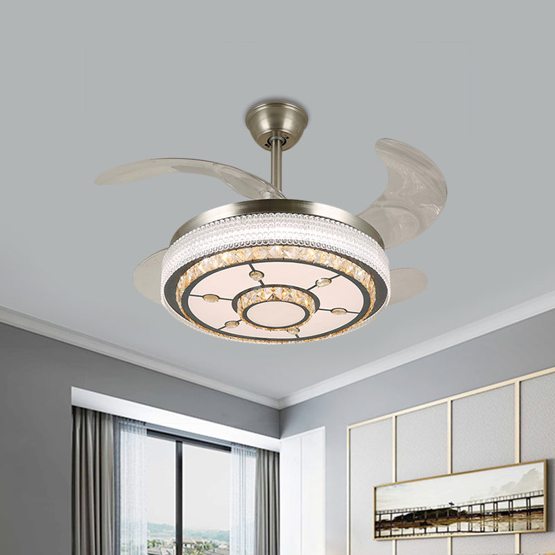 19" Wide Round Parlor Pendant Fan Lamp Modern Clear Crystal Blocks Stainless-Steel LED Semi Flush