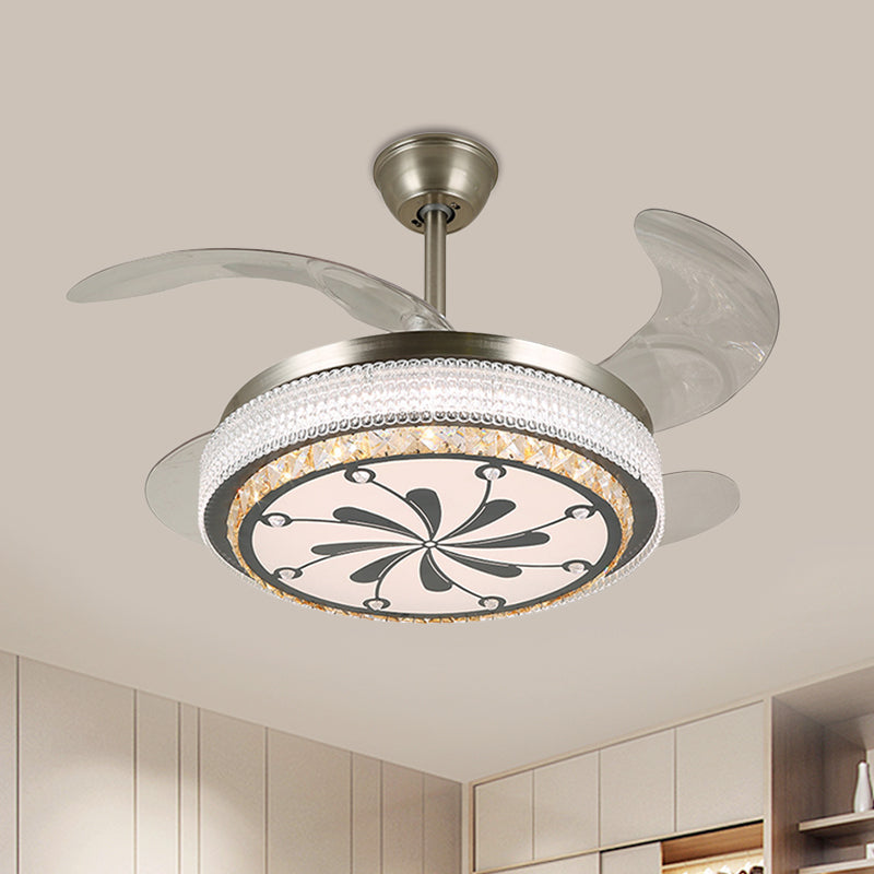 19" Wide Round Parlor Pendant Fan Lamp Modern Clear Crystal Blocks Stainless-Steel LED Semi Flush