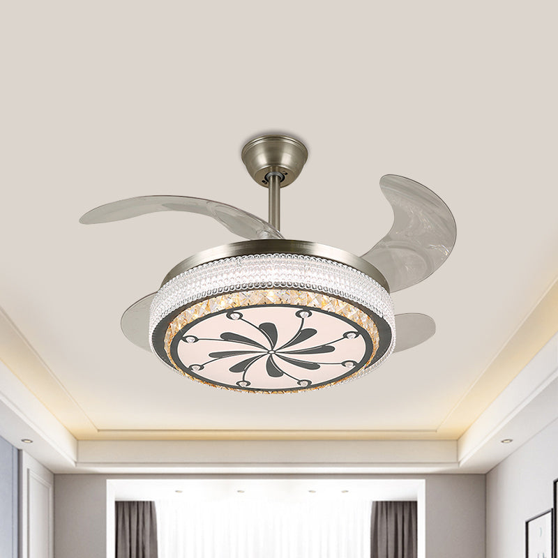 19" Wide Round Parlor Pendant Fan Lamp Modern Clear Crystal Blocks Stainless-Steel LED Semi Flush