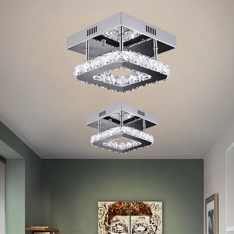 LED Square Ceiling Lamp Modern Gold/Stainless-Steel Clear Faceted Crystal Blocks Semi Flush Mount in White/Warm Light