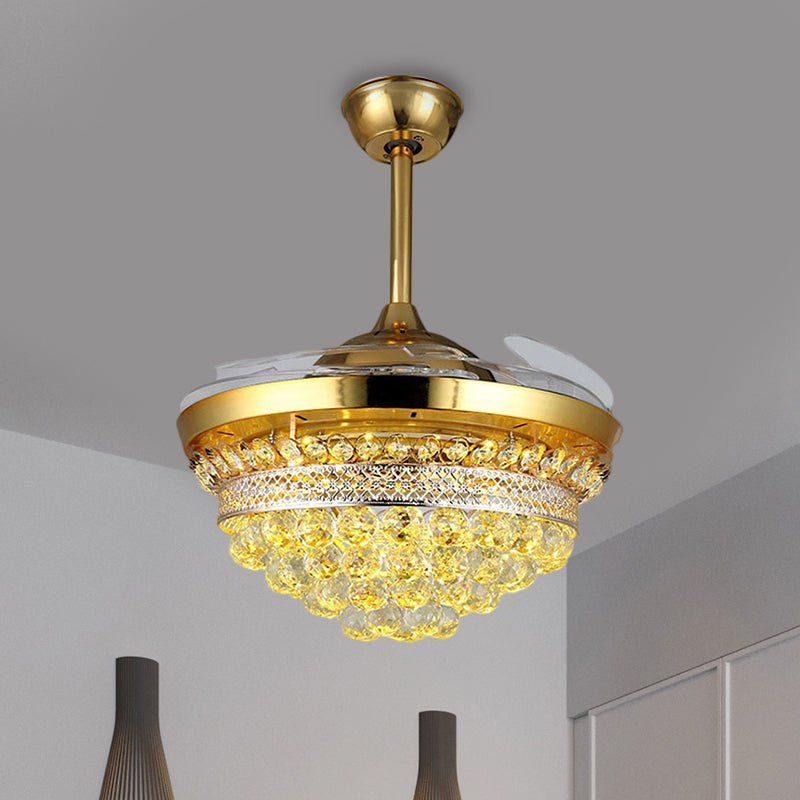 42" Width LED Semi Flush Mount Modern Tapered Clear Crystal Balls 3 Blades Hanging Fan Light in Gold