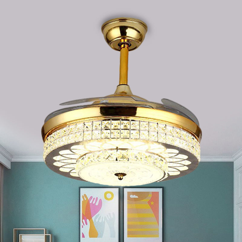 Gold Finish 42" Wide LED Semi Flush Contemporary Clear Crystal Blocks Drum Ceiling Fan Light with 3 Blades