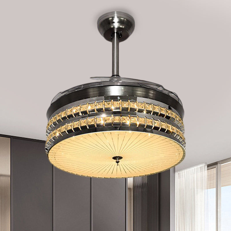 Chrome LED Pendant Fan Light Modern Clear Beveled Crystal Blocks Drum 3 Blades Semi Flush Mount, 42" Width