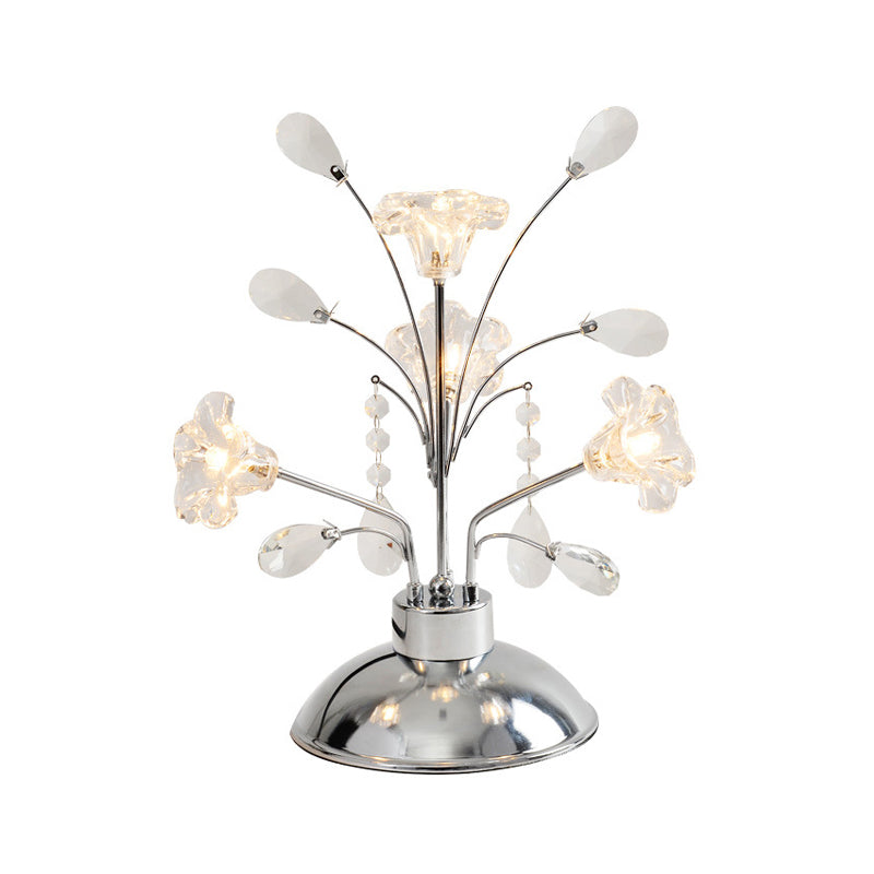 Branching Bedroom Table Light Contemporary Clear Crystal Teardrops 4 Heads Chrome Nightstand Lamp with Lily Shade