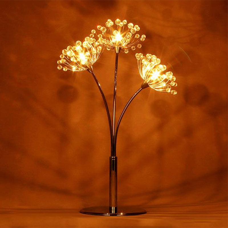 LED Night Stand Lamp Contemporary Dandelion-Shape Crystal Bead Table Light in Chrome