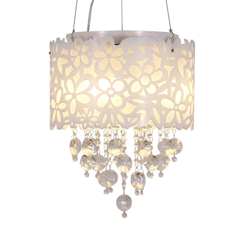 4 Heads Drum Hanging Lamp Contemporary Metal Chandelier Lighting in White with Crystal Droplets