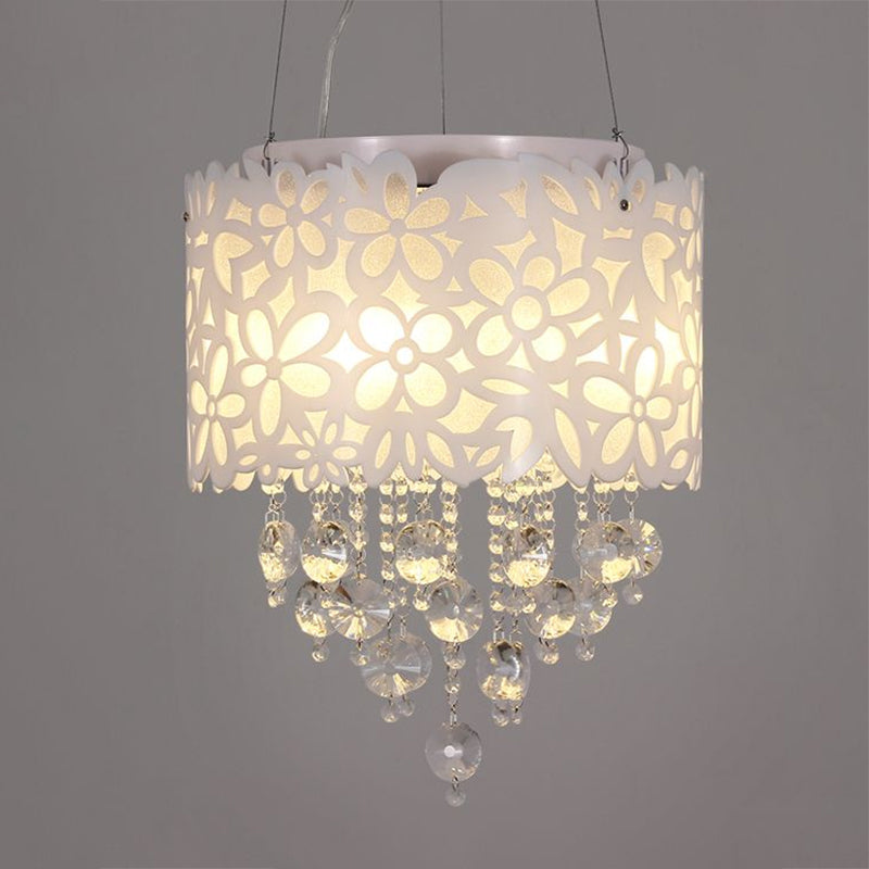 4 Heads Drum Hanging Lamp Contemporary Metal Chandelier Lighting in White with Crystal Droplets