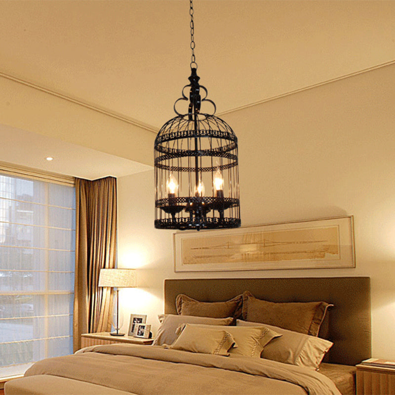 3/6 Bulbes Cage d'oiseau Lumière suspendue avec une bougie Créative Industrial Style Black Metallic Chandelier Lampe For Bedroom