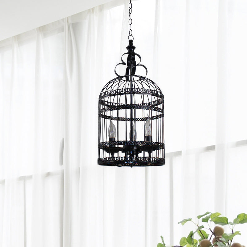 3/6 Bulbs Bird Cage Hanging Light with Candle Creative Industrial Style Black Metallic Chandelier Lamp for Bedroom