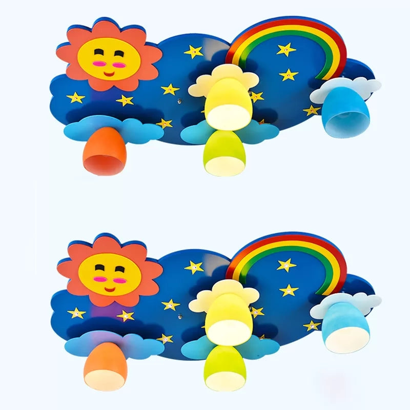 Kids Sun & Rainbow Flush Mount Light Wood Multi-Color Ceiling Lamp for Child Bedroom