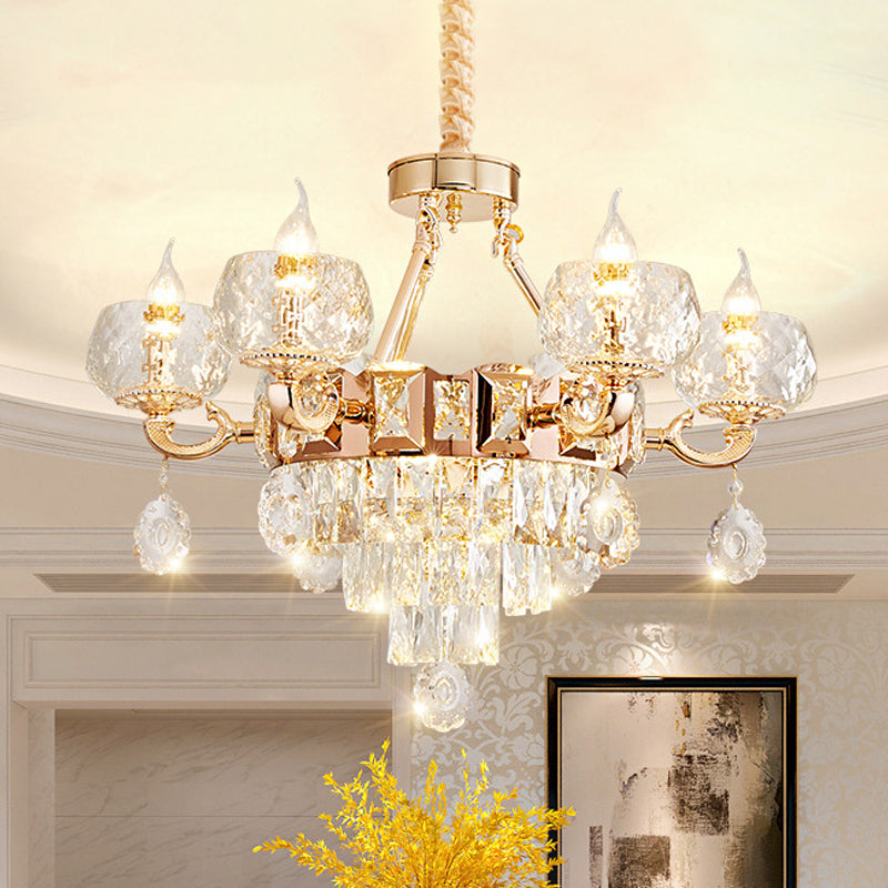 6/8 Bulbs Bowl Shade Drop Pendant Contemporary Clear Crystal Chandelier Lamp in Gold with Candle Design