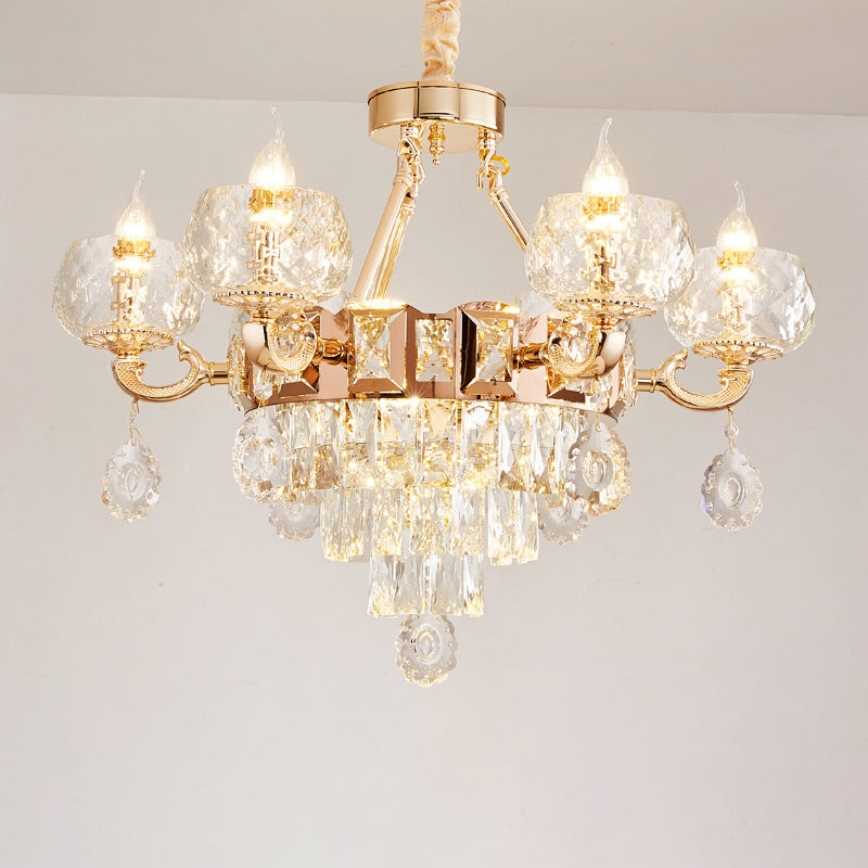 6/8 Bulbs Bowl Shade Drop Pendant Contemporary Clear Crystal Chandelier Lamp in Gold with Candle Design