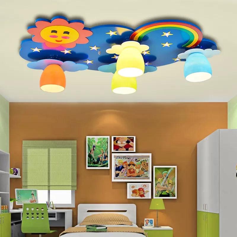 Kids Sun & Rainbow Flush Mount Light Wood Multi-Color Ceiling Lamp for Child Bedroom