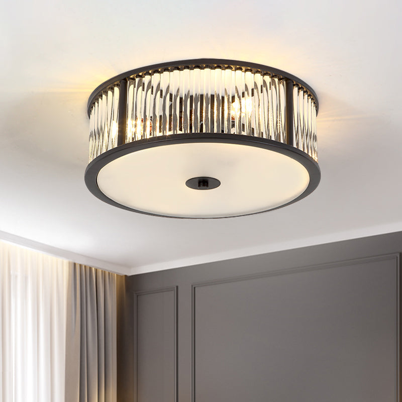 12"/16" Wide Modern 3/4 Bulbs Flush Mount with Clear Crystal Shade Black/Gold Drum Close to Ceiling Lighting