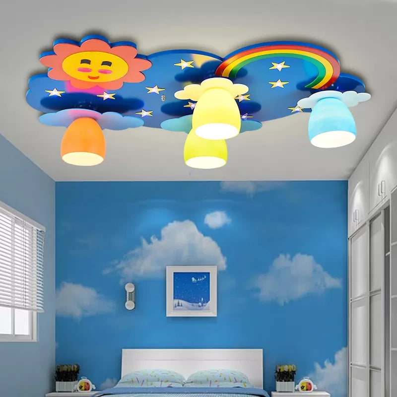 Kids Sun & Rainbow Flush Mount Light Wood Multi-Color Ceiling Lamp for Child Bedroom