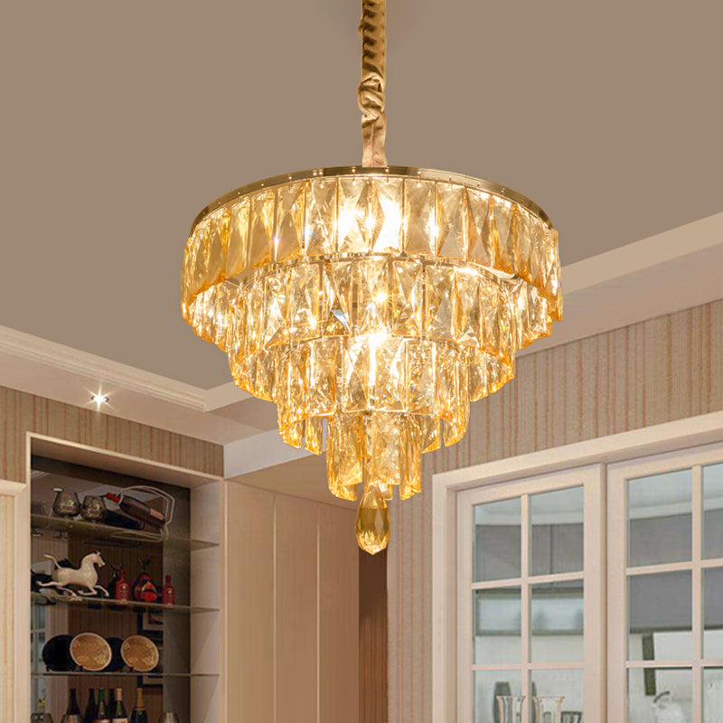 Modern Style Tapered Suspension Lamp Clear Rectangle-Cut Crystal 4 Heads Nickel Chandelier Lighting