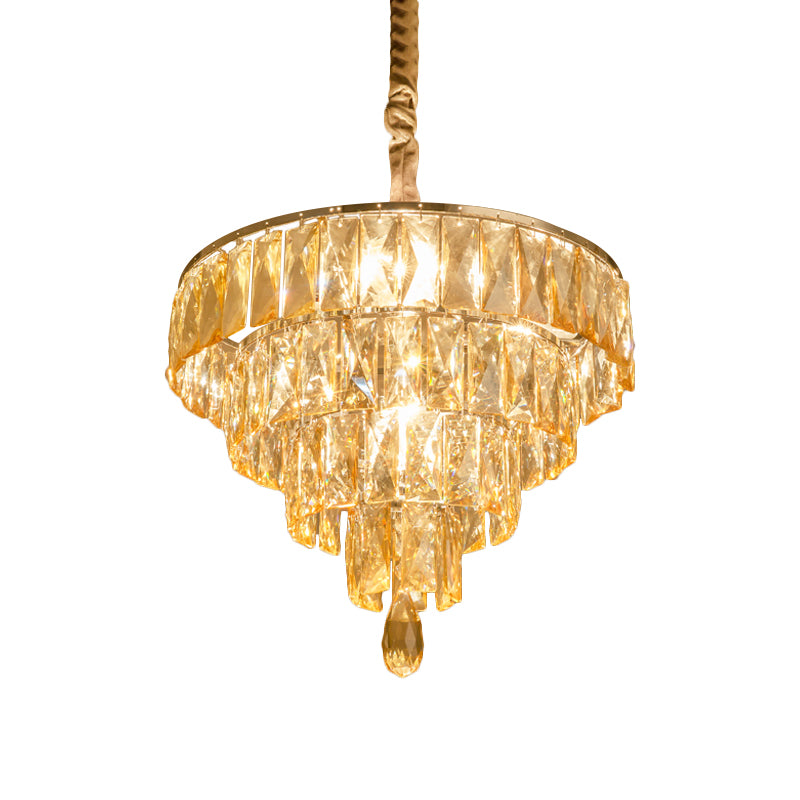 Modern Style Tapered Suspension Lamp Clear Rectangle-Cut Crystal 4 Heads Nickel Chandelier Lighting