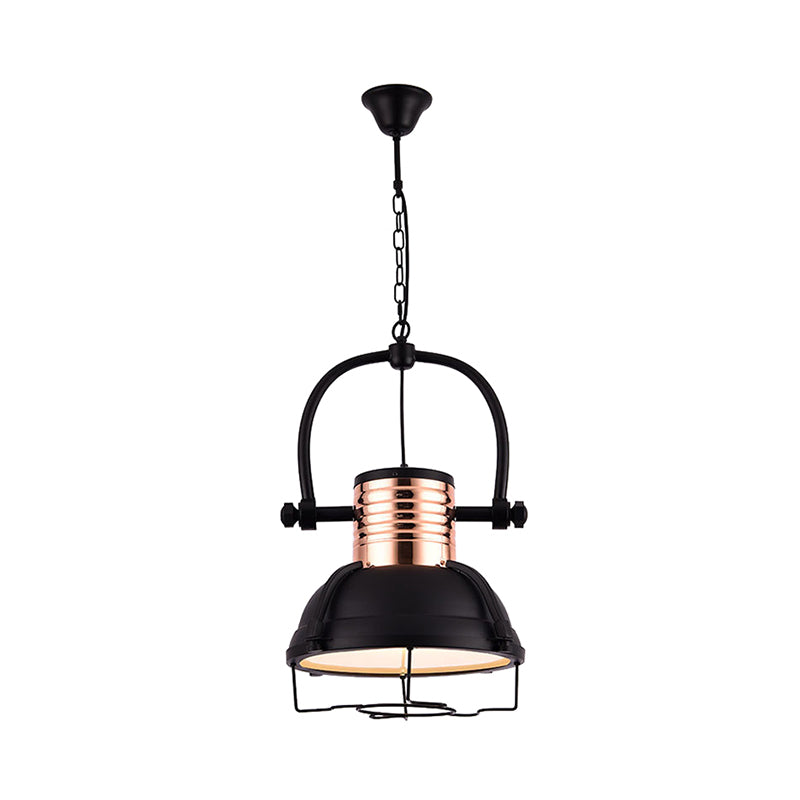 Matte Black 1 Light Pendant Light Industrial Metallic Dome Shade Ceiling Fixture with Glass Diffuser and Wire Cage