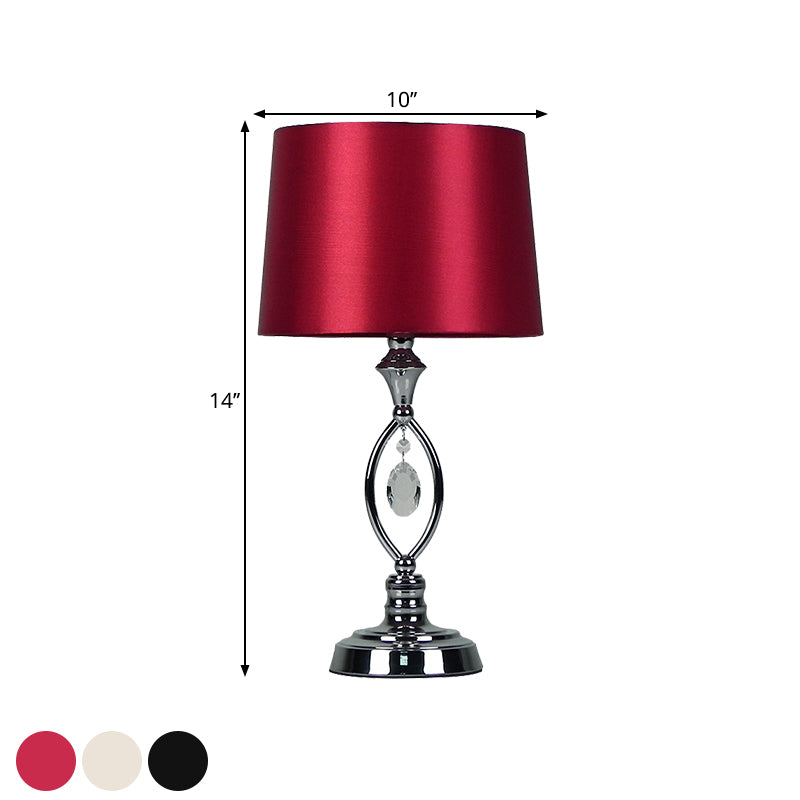 Fabric Barrel Shade Nightstand Lamp Modern Style 1 Head White/Red/Black and White Desk Light with Crystal Drop