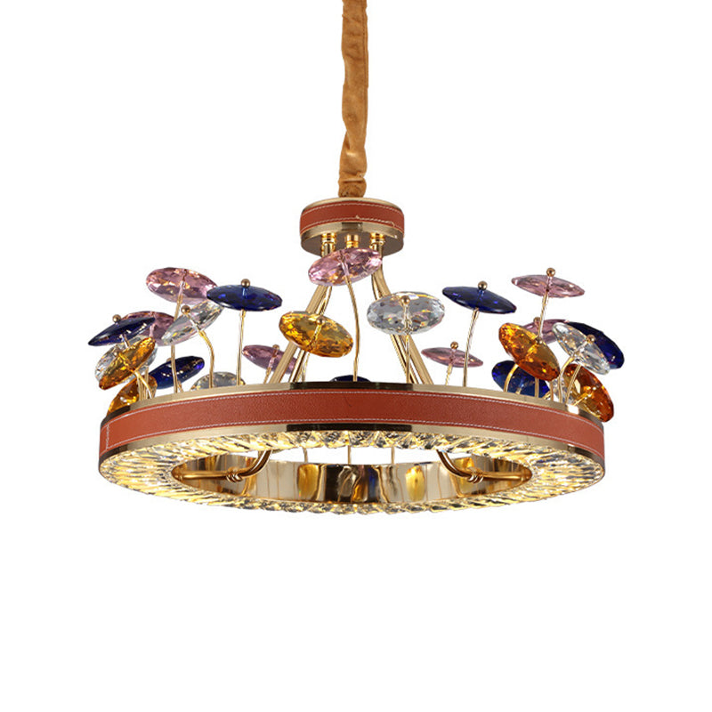 Red Hoop Chandelier Pendant Light Macaron Crystal Bedroom 19.5"/23.5" W LED Hanging Lamp with Colorful Mushroom Decor