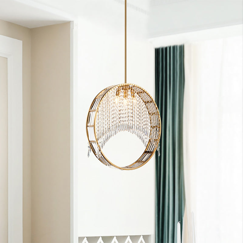 Postmodern Stylish Circle Drop Pendant 3-Light Iron Chandelier in Gold with Crystal Drapes