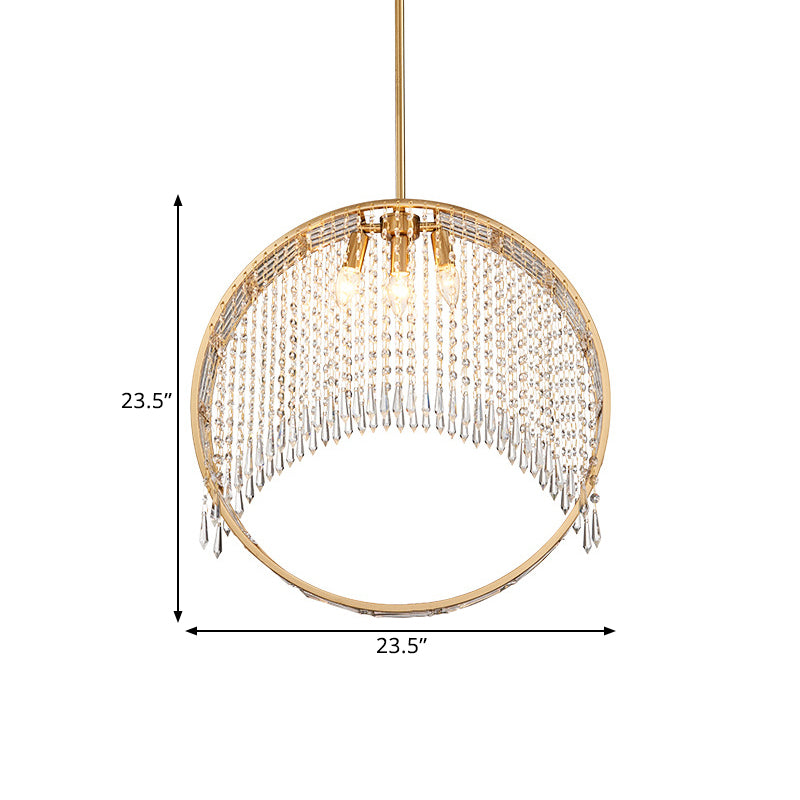 Postmodern Stylish Circle Drop Pendant 3-Light Iron Chandelier in Gold with Crystal Drapes