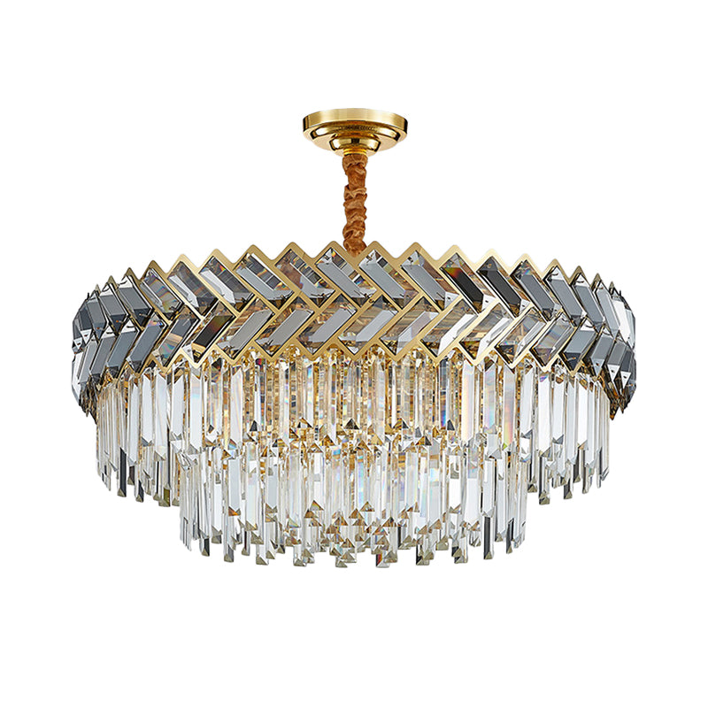 9 Bulbs Chandelier Pendant Light Modern 2-Layered Crystal Rods Suspension Light with Herringbone Design in Black-Gold