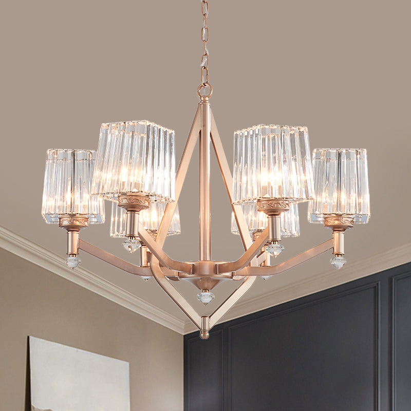 Crystal Prism Rose Gold Hanging Lamp Cubic 6 Lights Modern Up Chandelier for Hotel