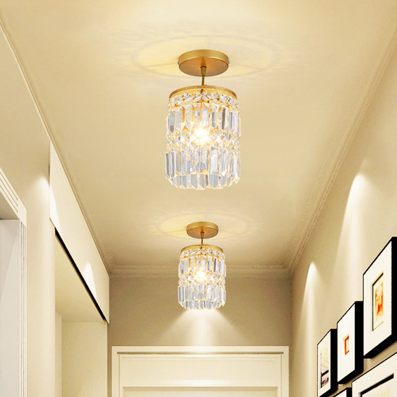 Beveled Crystal Cylindrical Semi Flush Minimalist 1 Head Corridor Close to Ceiling Light in Gold