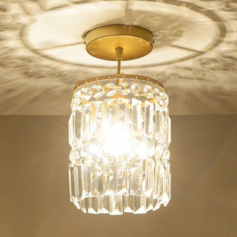 Beveled Crystal Cylindrical Semi Flush Minimalist 1 Head Corridor Close to Ceiling Light in Gold