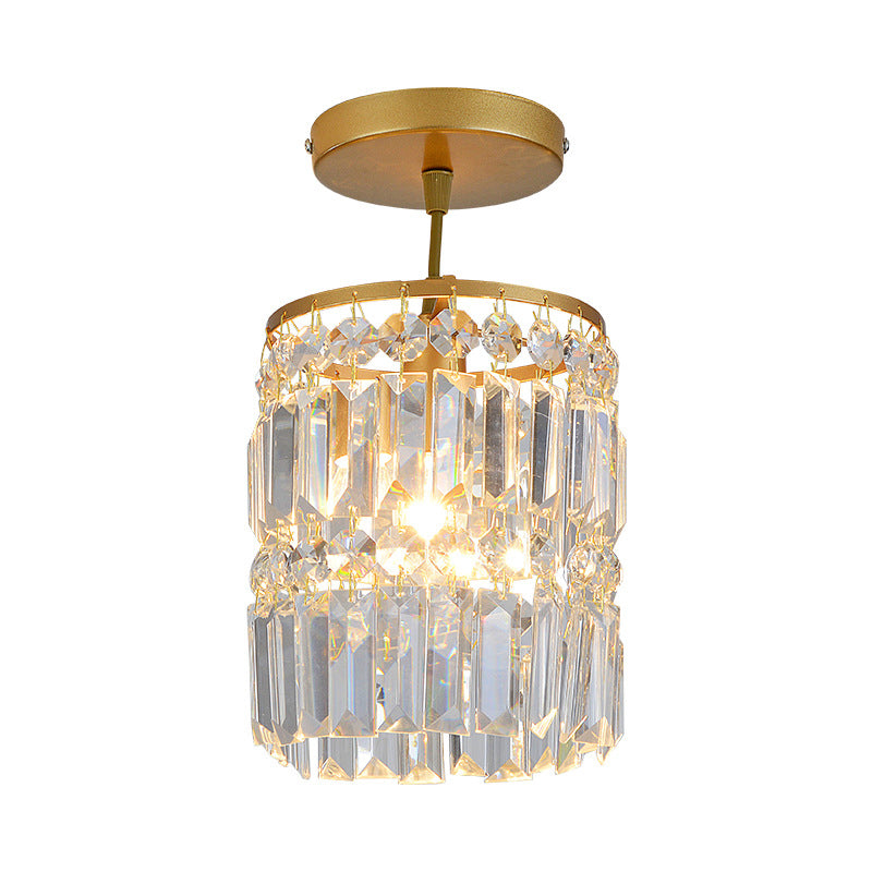 Beveled Crystal Cylindrical Semi Flush Minimalist 1 Head Corridor Close to Ceiling Light in Gold