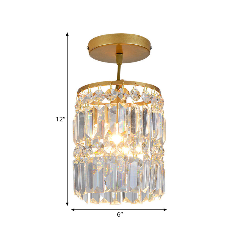 Beveled Crystal Cylindrical Semi Flush Minimalist 1 Head Corridor Close to Ceiling Light in Gold