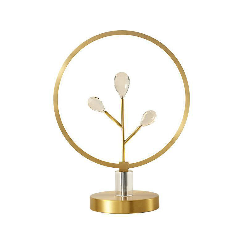 Brass Branchlet Night Lamp Postmodern Crystal Bedside LED Table Lighting with Hoop