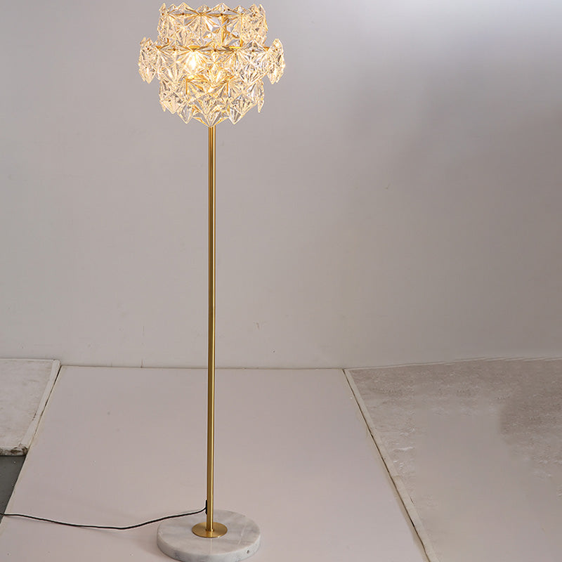 Tiered Snowflake Clear Crystal Floor Lamp Postmodern 3-Bulb Living Room Standing Light in Brass