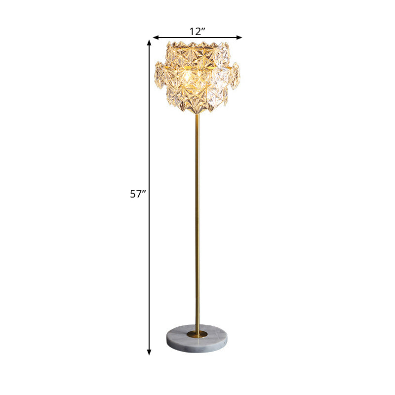 Tiered Snowflake Clear Crystal Floor Lamp Postmodern 3-Bulb Living Room Standing Light in Brass