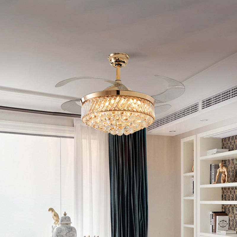 42" W K9 Crystal Tapered Fan Lamp Modern Dining Room LED Semi Flush Ceiling Light in Gold, 4 Blades